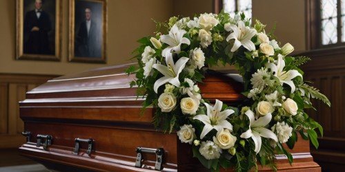 Corona fúnebre al lado de un ataúd