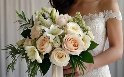 Ramo de flores para novia con flores blancas y de colores pastel sostenido por una novia