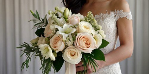 Ramo de flores para novia con flores blancas y de colores pastel sostenido por una novia